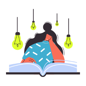 Une demoiselle est penché sur un livre ouvert. Elle est entouré de lumière.